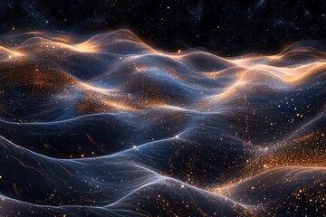 A cosmic landscape of shimmering energy waves and sparkling particles in space.