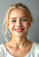 Naklejka premium Skin hydration. Natural beauty girl portrait smiling with glowing healthy skin and blonde hair against a grey background, craft clay, with white tones