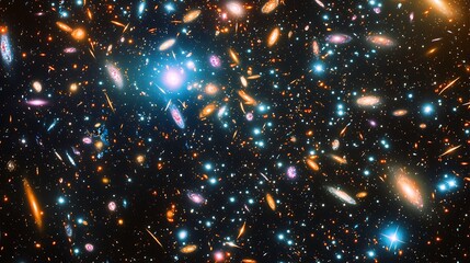 A cosmic void filled with energy streams and distant galaxies in motion.