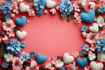 Obraz premium Floral Frame for Valentine's Day with Colorful Hearts and Flowers on a Soft Red Background, Perfect for Romantic Greetings and Gifts