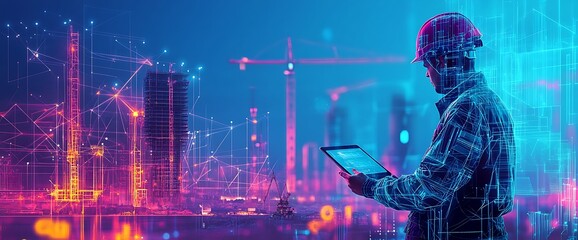 A construction worker using a tablet amidst a futuristic cityscape.