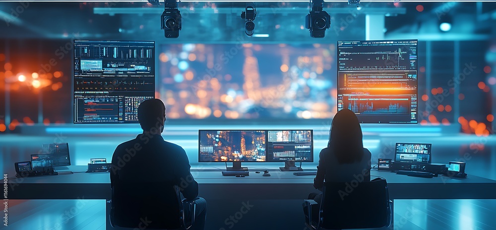 Poster a control room with screens displaying data and city visuals, indicating analysis.