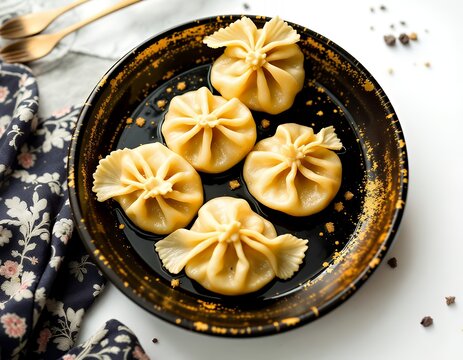Golden Xio Long Bao: Elegant Dumplings in a Dark Bowl