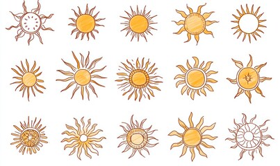 Collection of hand-drawn sun icons in various styles.