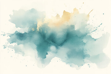 Obraz premium The image is an abstract watercolor painting with splashes of light blue, teal, and gold on a white background