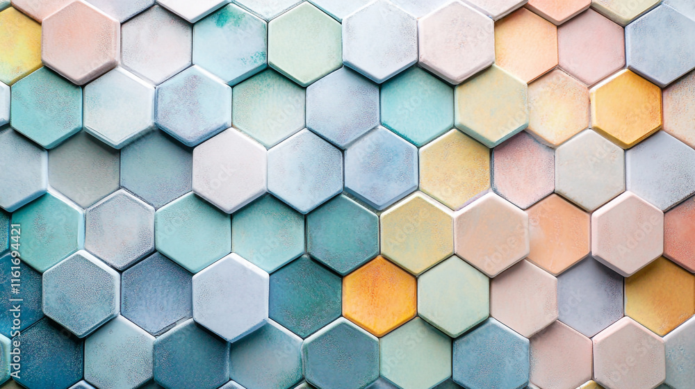 Poster colorful hexagonal tiles create an artistic pattern on a wall in a modern setting