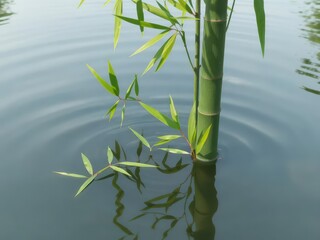 Vibrant green bamboo leaves gently resting on calm water's surface, plant,shadow,drop