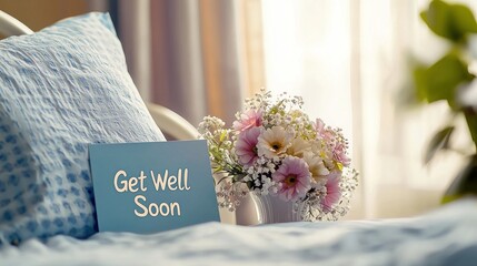 A cozy scene with a "Get Well Soon" card and flowers on a hospital bedside table.