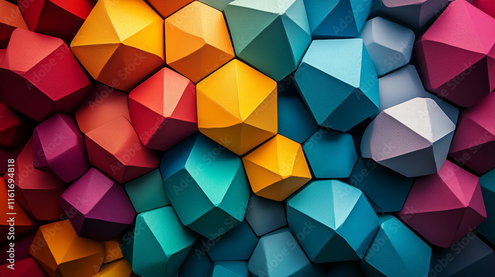 Poster colorful geometric shapes create an abstract design in vibrant hues and unique patterns