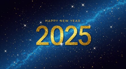 Cosmic New Year 2025: A celestial greeting card design featuring glittering gold numbers against a deep blue nebula background, sprinkled with stars. Perfect for celebrating the upcoming year. 