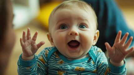 A baby learning to talk with their parents, making sounds and gestures with excitement.