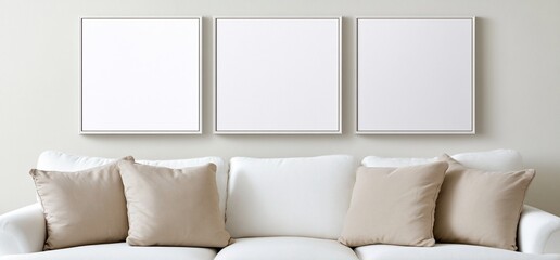 Naklejka premium A minimalist living room featuring a white couch and empty frames.