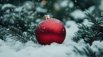 Red Christmas Ornament Rests In Snowy Winter Scene