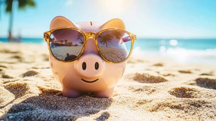 A beach scene with a piggy bank and sunglasses, representing summer savings for vacations.