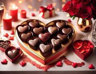 Valentine’s Day Celebration with Heart-Shaped Chocolates, Red Roses, and Romantic Decor