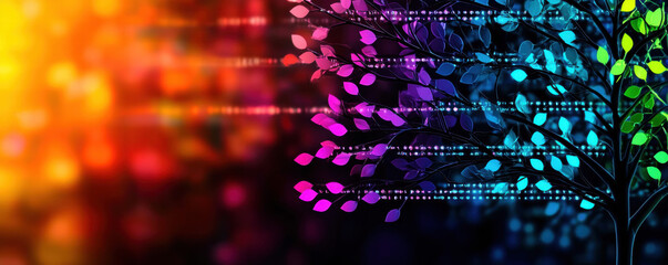 Obraz premium A vibrant, abstract depiction of colorful leaves against a blurred background, blending nature with digital elements in a captivating design.