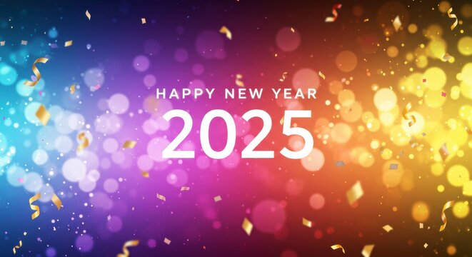 New Year's Eve 2025: A vibrant explosion of color and confetti welcomes the new year.  Glittering lights and golden ribbons dance against a dazzling rainbow backdrop. - Powered by Adobe