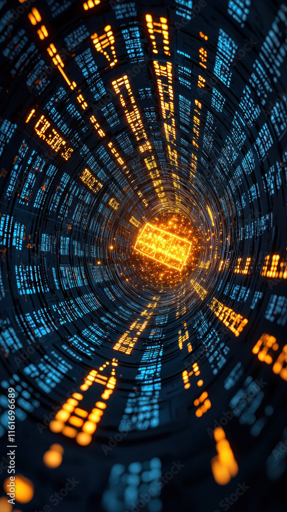 Poster a visually striking digital tunnel of glowing numbers and data streams, evoking themes of technology