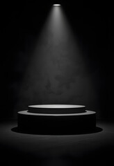 Empty round podiums, spotlight, smoke, dark background, mysterious, product showcase