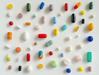 Assorted colorful pills and tablets arranged on a white background