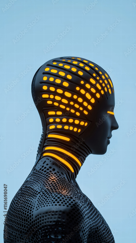 Poster a futuristic mannequin with a patterned surface and glowing lines, hinting at advanced technology an