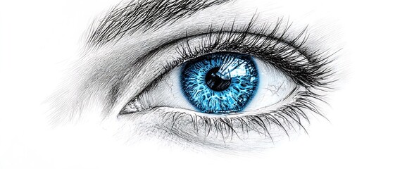 A detailed drawing of a blue eye, showcasing intricate patterns and textures.