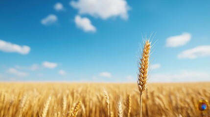 Fototapeta premium Vast Golden Wheat Field Under a Bright Blue Sky with Fluffy White Clouds Creating a Tranquil and Picturesque Rural Landscape in Nature