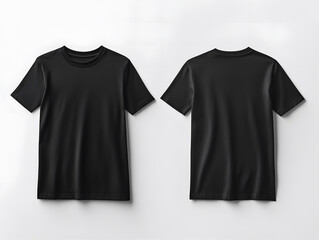 Front and back perspectives of plain black T shirts on a clean white background