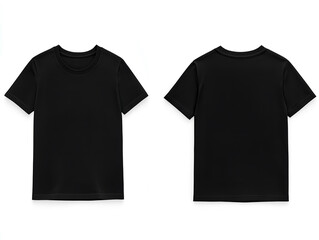 Front and back perspectives of plain black T shirts on a clean white background