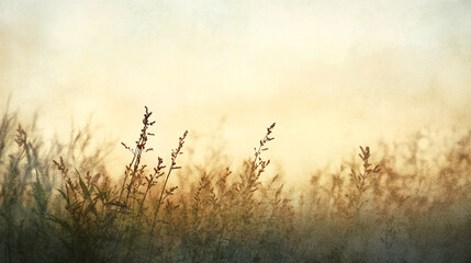 Obraz premium Soft sunlight illuminates tall grass in a serene landscape at dawn