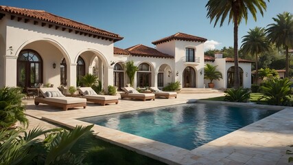Fototapeta premium Middle Eastern - Mediterranean style luxury house with swimming pool and large garden. Ai Generative.