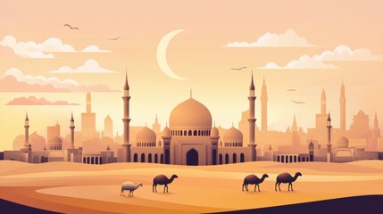 Serene digital illustration of sunset over desert architecture with camels in the middle east