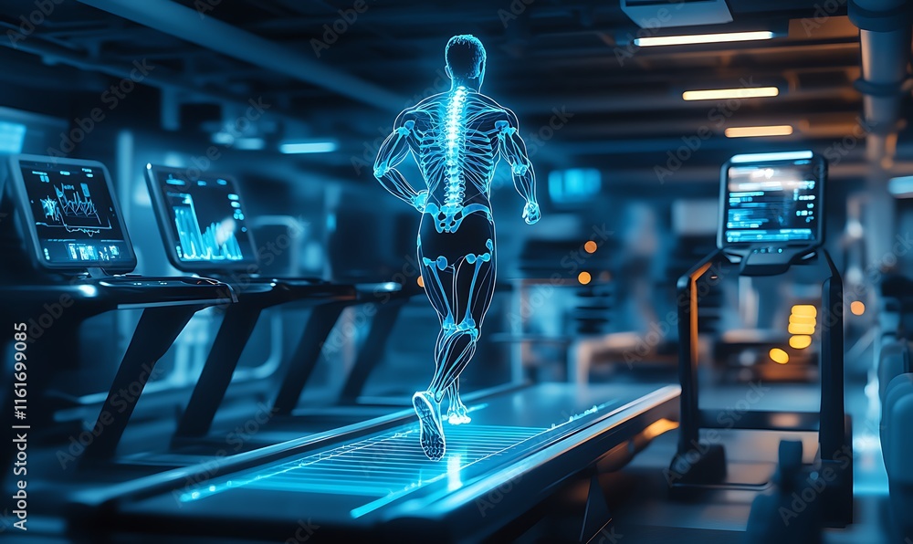 Poster a digital representation of a running figure in a gym setting.