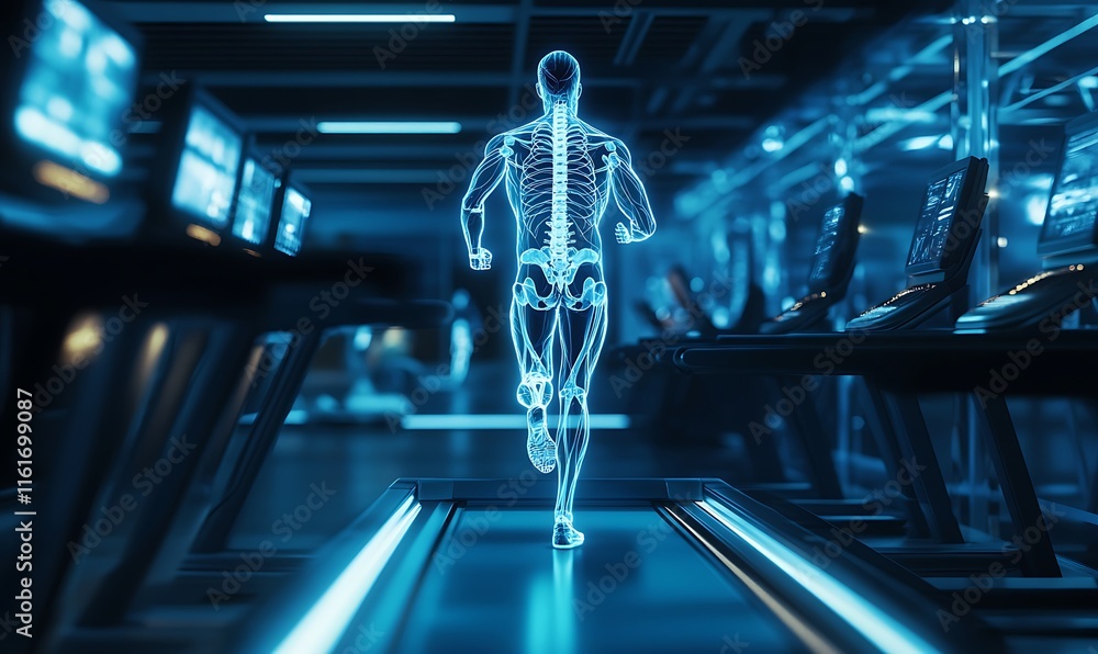Poster a digital representation of a human skeleton running on a treadmill in a gym.