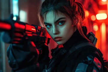 portrait of a woman shooting a gun