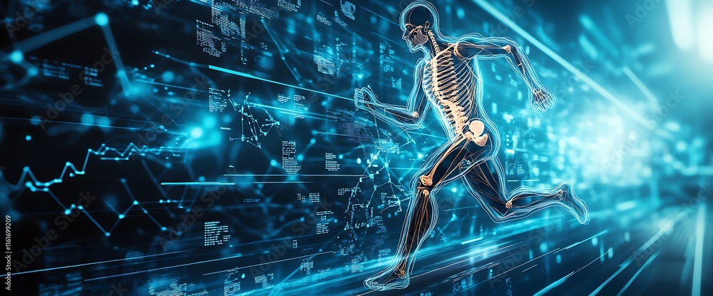 Aufkleber a digital representation of a running skeleton against a tech background.