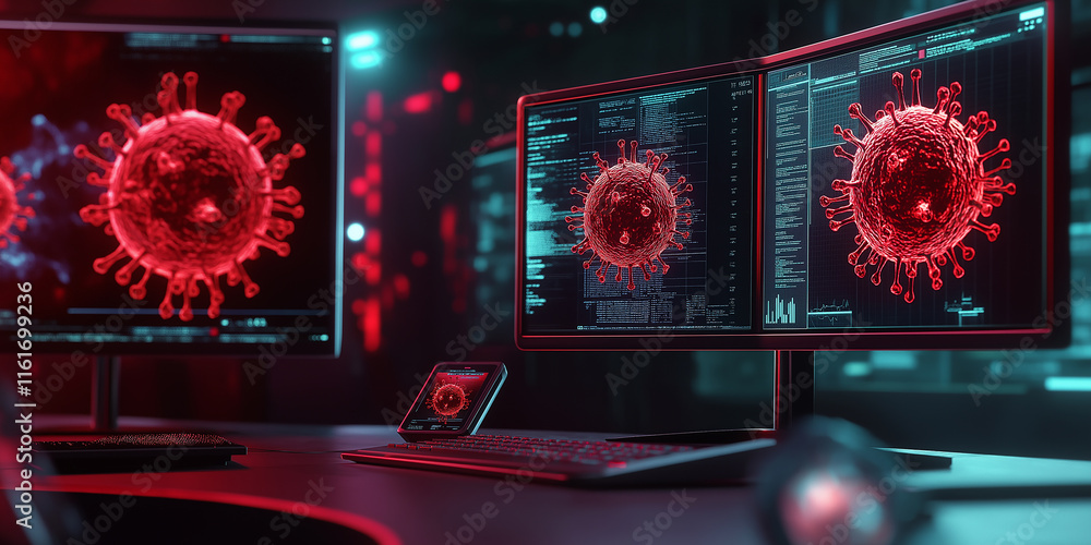 Aufkleber Scientists analyzing coronavirus data on computer screens in laboratory