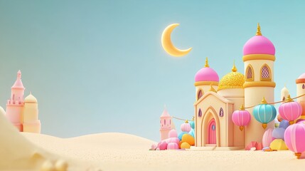 Whimsical desert palace with lanterns and crescent moon fantasy landscape digital art
