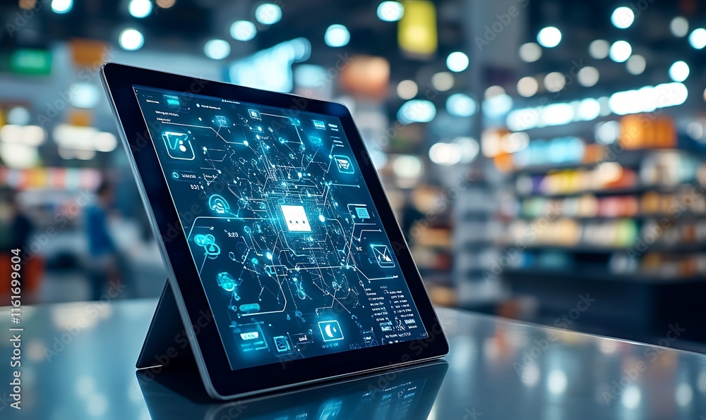 Poster a digital tablet displaying a network interface in a modern retail environment.