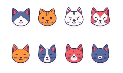 Eight cute cartoon cat head icons in various colors.