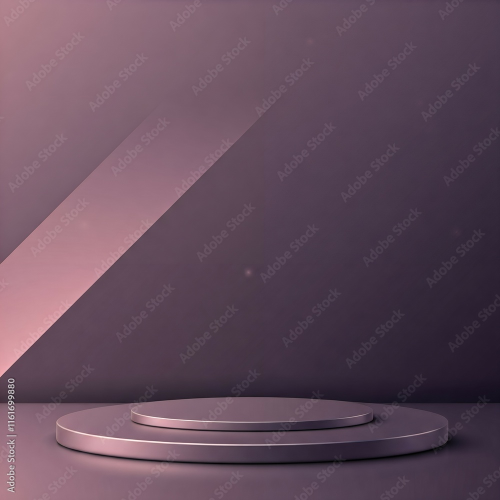 Poster a minimalist purple studio setup with a circular pedestal and a slanted rectangle backdrop.