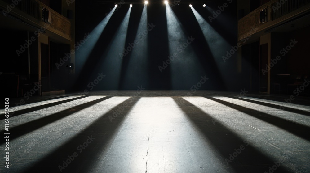 Poster a dramatic view of an empty stage with a focused spotlight casting long shadows, creating a poignant