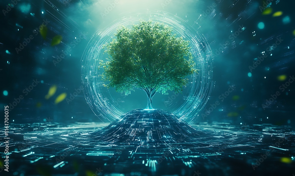 Poster a digital tree surrounded by glowing patterns in a futuristic landscape.