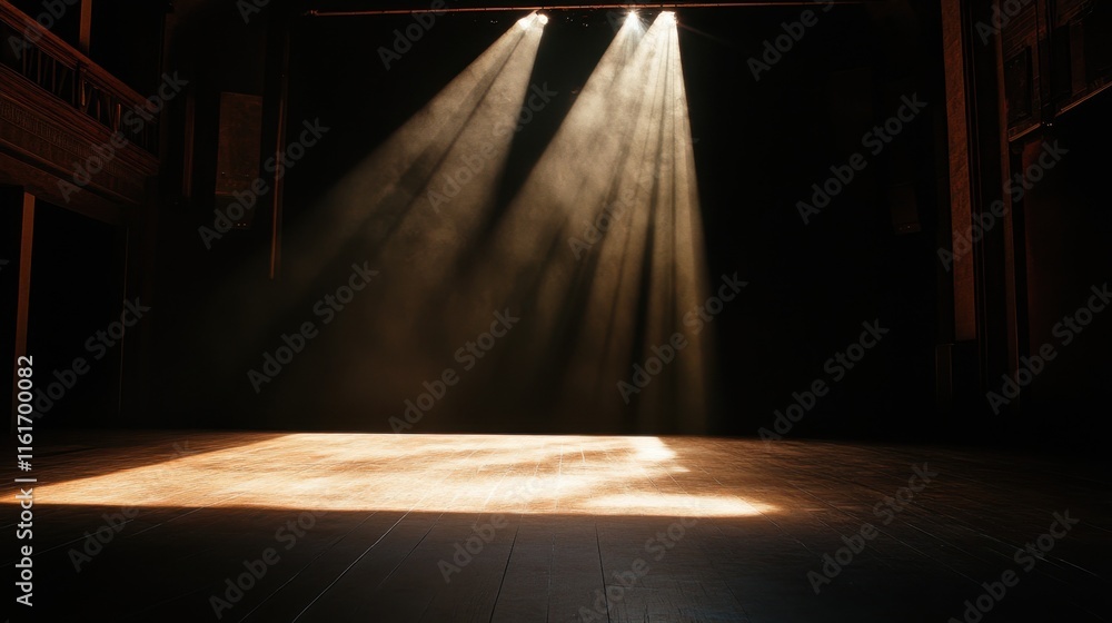 Poster a dramatic view of an empty stage with a focused spotlight casting long shadows, creating a poignant