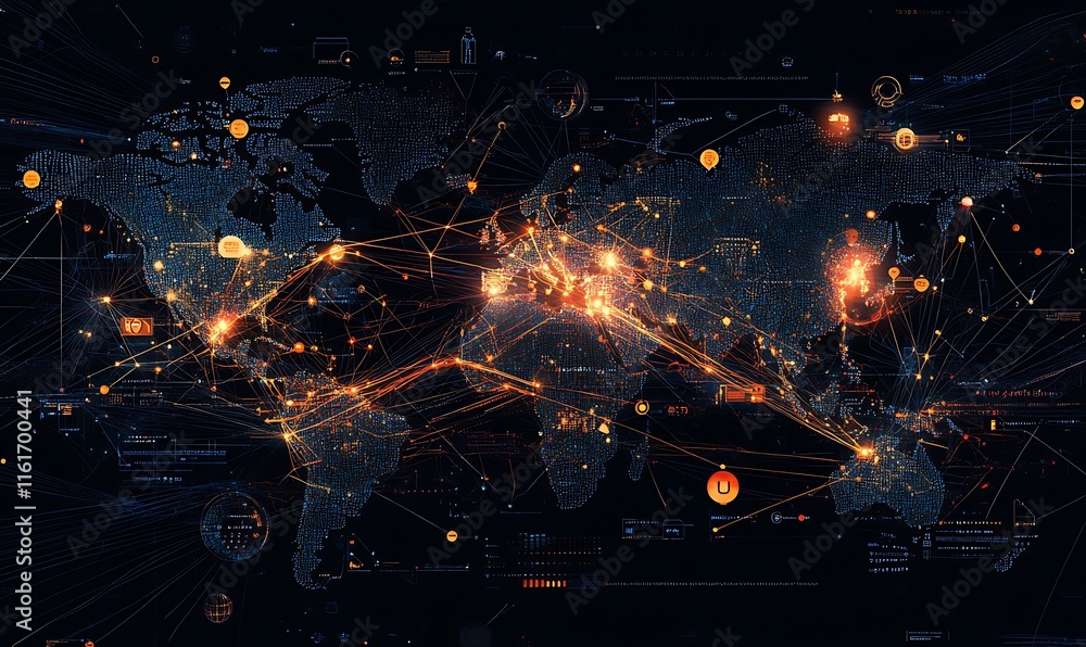 Poster a digital world map illustrating global connections and data flow.