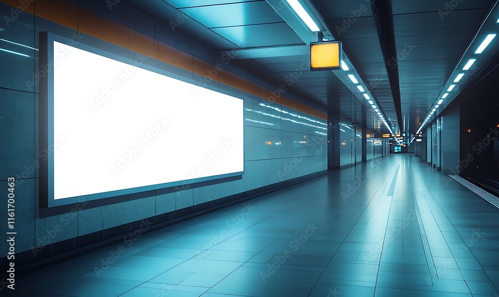 Poster a dimly lit subway station featuring an empty advertisement space.