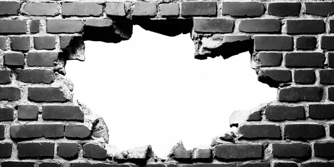Broken brick wall creating hole with white background