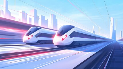 Futuristic Train Journey through Dynamic Urban Cityscape with Towering Structures and Vibrant Lifestyle Illustrating Modern Transportation and Architecture