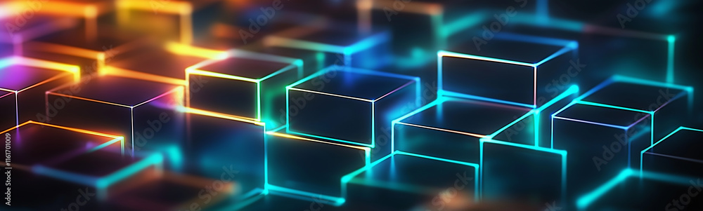 Aufkleber glowing neon cubes creating futuristic technological background