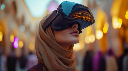 Muslim woman wearing virtual reality headset exploring metaverse in city center - Powered by adobe